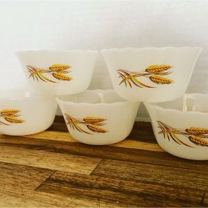 Vintage FIRE KING 424 Milk Glass Wheat 6oz Dessert Custard Bowl Ramekins SET 5!